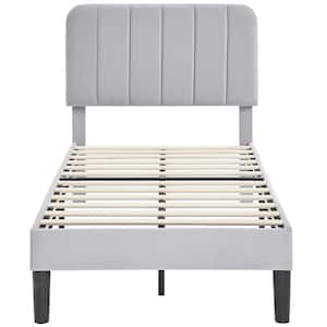 Upholstered Bed, Light Gray Twin Bed Platform Bed with Adjustable Headboard, Strong Wooden Slats Support Bed Frame