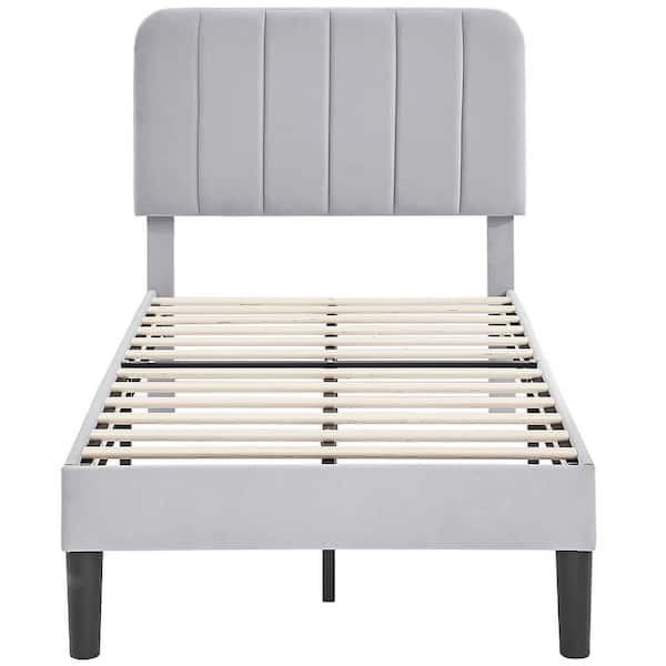 VECELO Upholstered Bed, Light Gray Twin Bed Platform Bed with Adjustable Headboard, Strong Wooden Slats Support Bed Frame