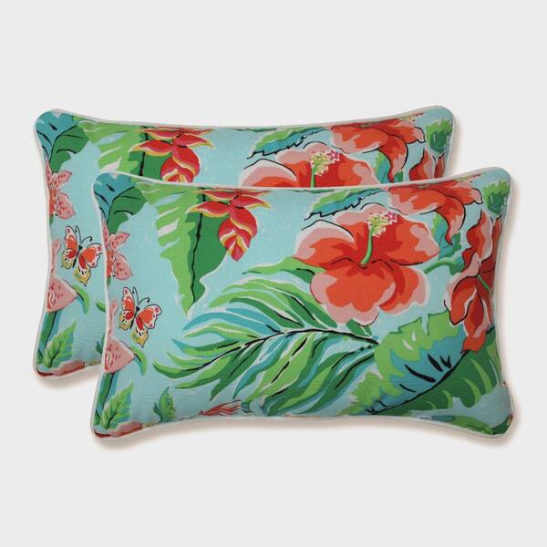 Pillow Perfect Floral Blue Rectangular Outdoor Lumbar Throw Pillow 2-Pack