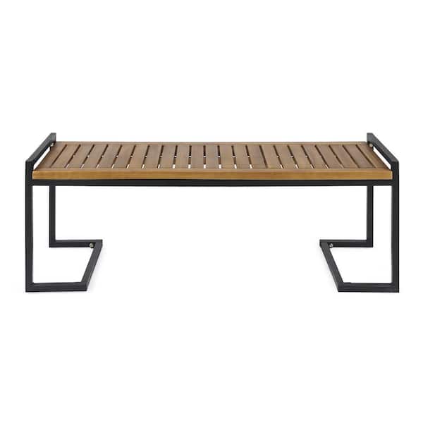 Hopkins 54 in. Teak Brown Wood and Black Metal Outdoor Bench