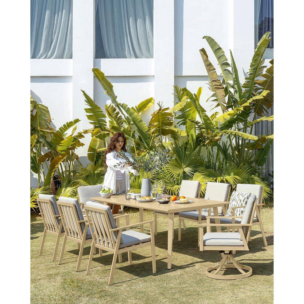 Maple Wood 9-Piece Aluminum Patio Furniture Set Outdoor Dining Set 2 Swivel Chairs with White Cushion and Umbrella Hole price history on PriceWatchPro