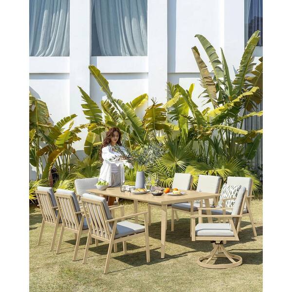 Maple Wood 9-Piece Aluminum Patio Furniture Set Outdoor Dining Set 2 Swivel Chairs with White Cushion and Umbrella Hole