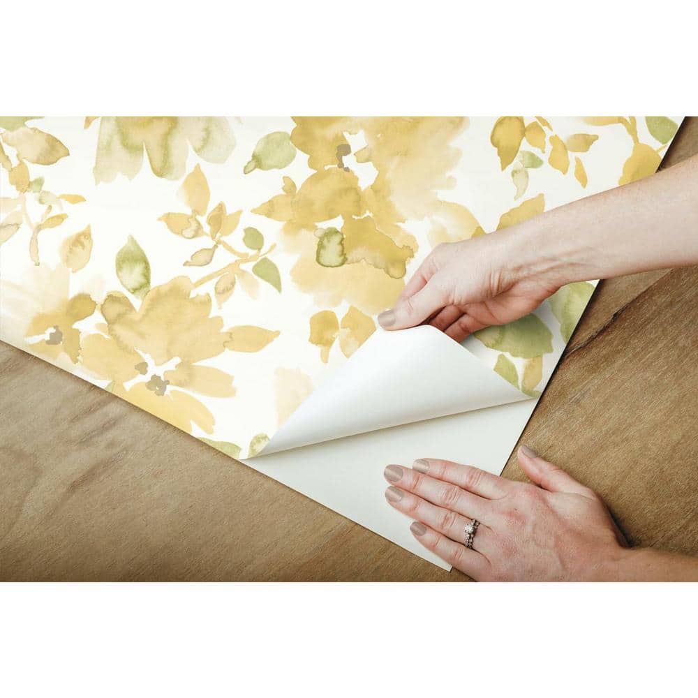 Yellow and Green Watercolor Floral Peel and Stick Wallpaper Roll