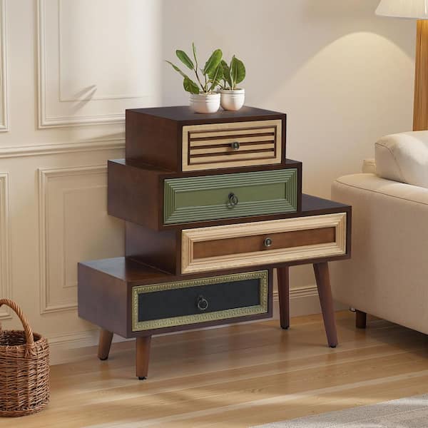 Vintage Modern Walnut 30.25 in. Accent Chest with 4-Drawer and Mixed Pattern Fronts and Asymmetrical Design