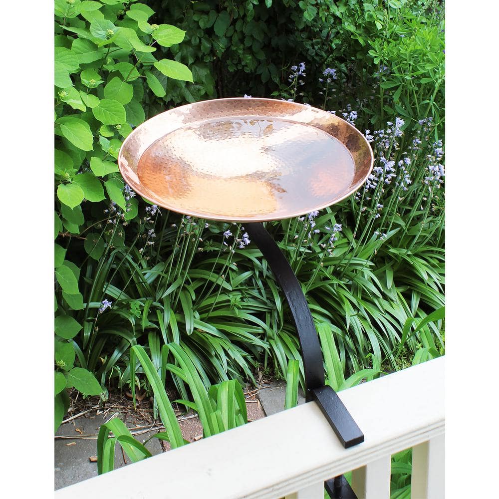 15" Polished Copper Rail-Mounted Birdbath with Wrought Iron Bracket