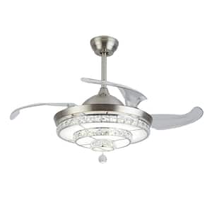 42 in. Integrated LED Indoor Crystal Decor Shade 4 Retractable Blades Invisible Silver Ceiling Fan with Remote