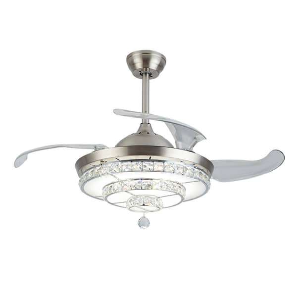 OUKANING 42 in. Integrated LED Indoor Crystal Decor Shade 4 Retractable Blades Invisible Silver