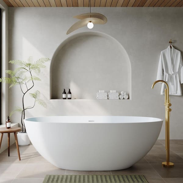 ANGELES HOME 65 in. Stone Resin Solid Surface Matte Flatbottom Freestanding Bathtub in White