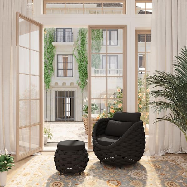 Black 2-Piece Aluminum Woven Outdoor Chaise Lounge Patio Single Sofa Lounge Chair with Ottoman and Dark Gray Cushions