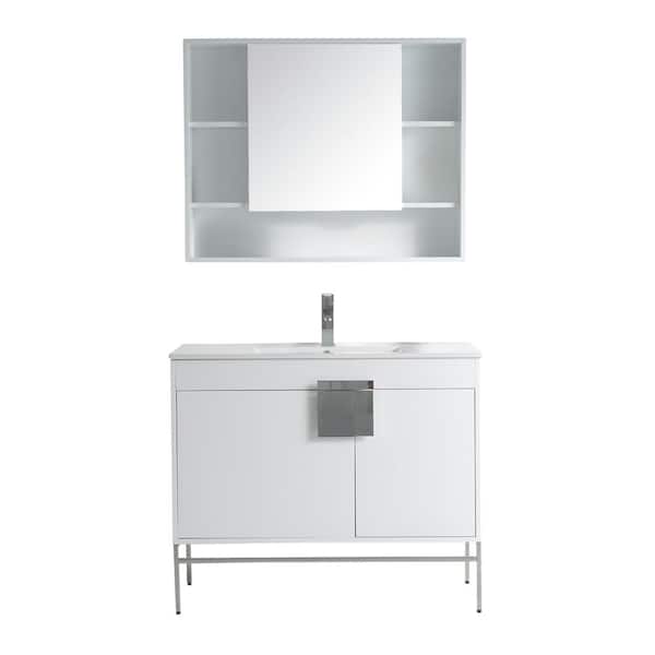 Unbranded Kuro 40 in. W x 18 in. D x 33 in. H Single Sink Bath Vanity in White with White Ceramic Top and Mirror
