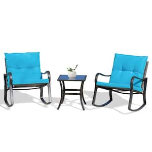 3-Piece Wicker Rocking Chair Outdoor Bistro Set with Coffee Table and Blue Cushions