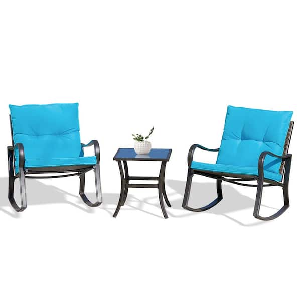 Angel Sar 3-Piece Wicker Rocking Chair Outdoor Bistro Set with Coffee Table and Blue Cushions