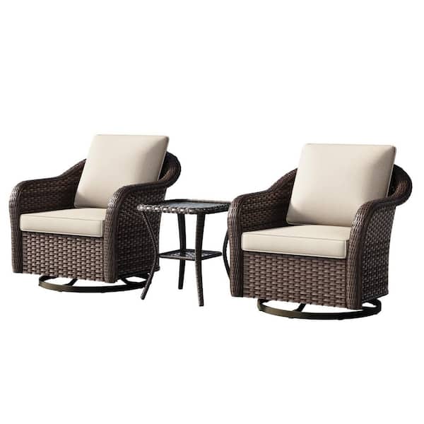 3-Piece Wicker Swivel Glider Patio Conversation Set with Beige Cushions