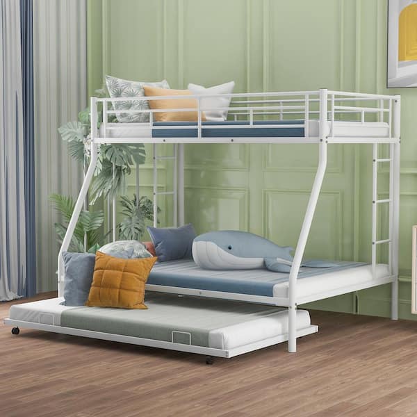 Twin over Full White Bunk Bed with Sturdy Trundle and Two-Side Ladders