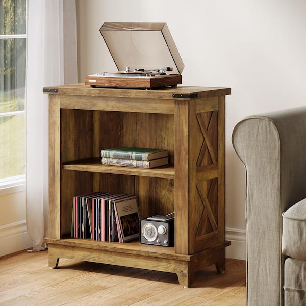 BYBLIGHT Kerlin 24 in. Rustic Brown Rectangle Wood End Table with 3-Tier Storage Shelf, X-Design Side Table Tall Nightstand