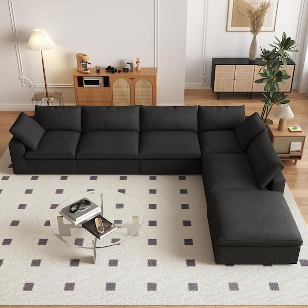 J&E Home 157.32 in. Square Arm 6-piece L Shaped Linen Velvet Sectional Sofa in Black with Storage Ottoman and Removable Covers