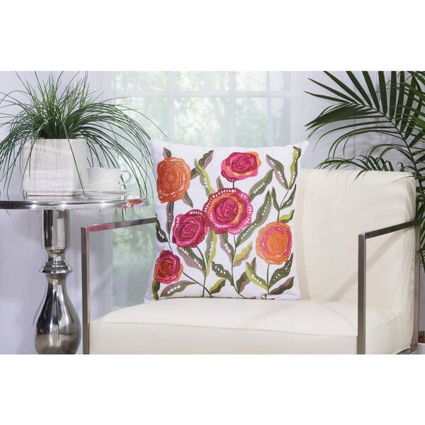 Mina Victory Embroidered Flowers 18 in. x 18 in. White Indoor and Outdoor Pillow