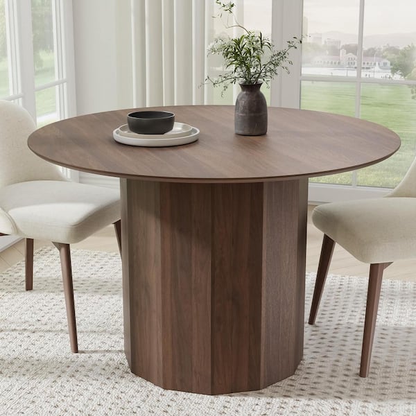 46 in. Walnut Oak Wood Color Column Pedestal Round Kitchen Table Dining Table Seats-4