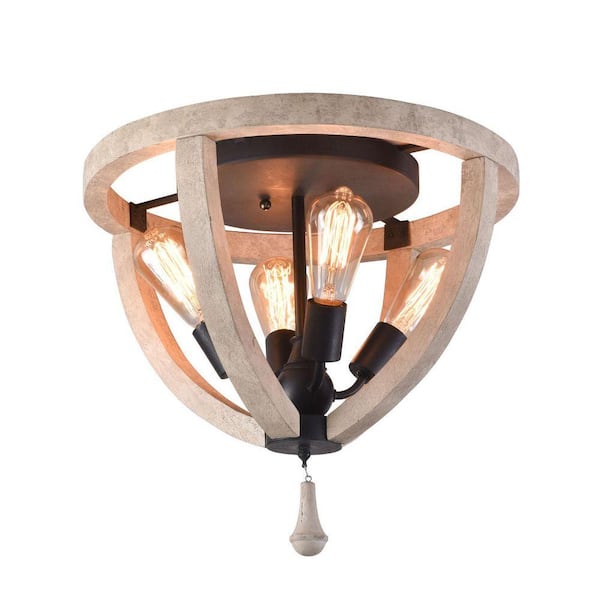 17.7 in. 4-Light Rustic Wood Color and Black Flush Mount Ceiling Light for Kitchens Dining Rooms with No Bulbs Included