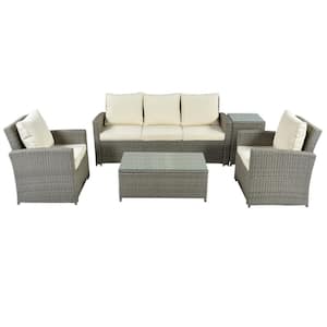 5-Piece Wicker Rattan Outdoor Sectional Sofa Set with Beige Cushions Sides Table Coffee Table