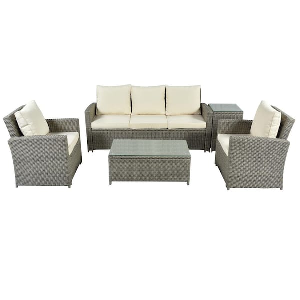 Tunearary 5-Piece Wicker Rattan Outdoor Sectional Sofa Set with Beige Cushions Sides Table Coffee Table