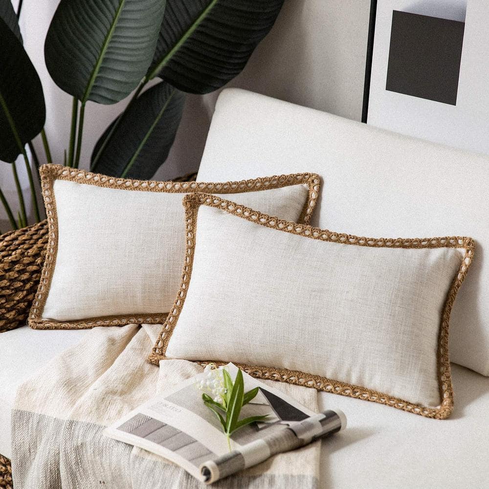 Pack of 2 Decorative Throw Pillow Covers, Burlap Linen Trimmed, Off White