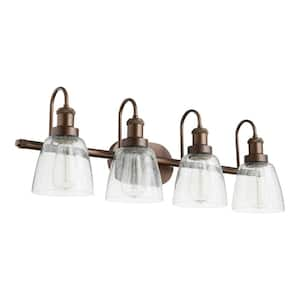 Transitional 30.25 in. Width 4-Light Oiled Bronze Vanity Lights with Cleared Seeded Glass