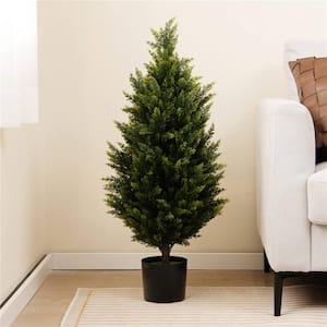 37.5 in. Height Green and Black Artificial Topiary Cedar Tree with Cement Plastic Pot and Realistic Moss