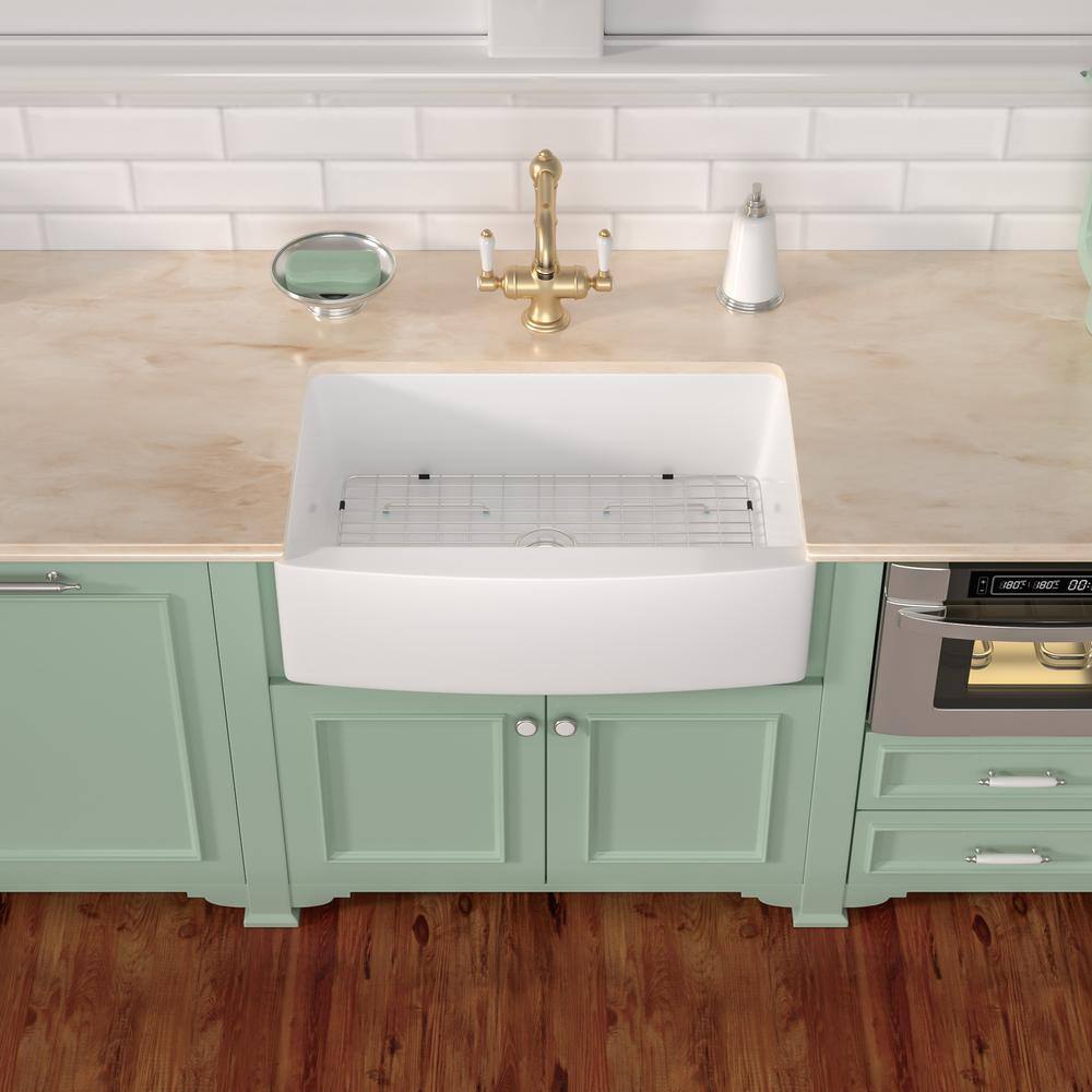 30'' Glossy White Ceramic Farmhouse Apron-Front Single Bowl Kitchen Sink