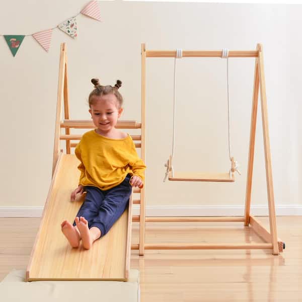 Unbranded LN20232279 Wood Indoor Swing Set with Rock Climb Ramp for Toddlers - 2