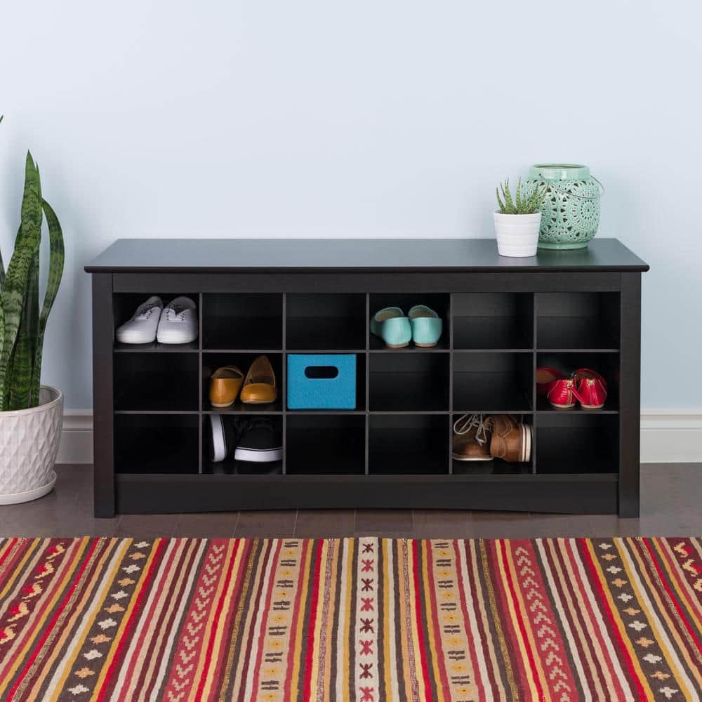 Black Wooden Shoe Storage Cubbie Bench with 18 Compartments