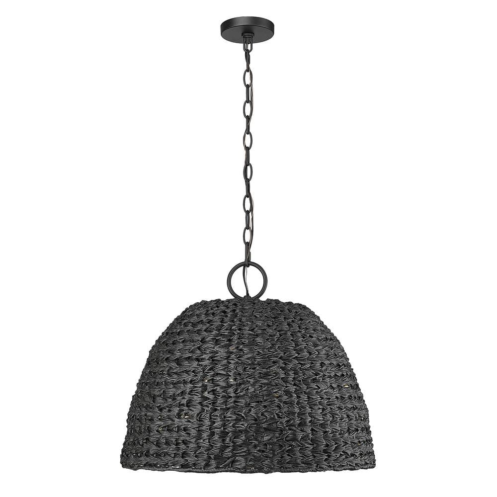 Natural Black Glass and Wicker 3-Light Outdoor Pendant