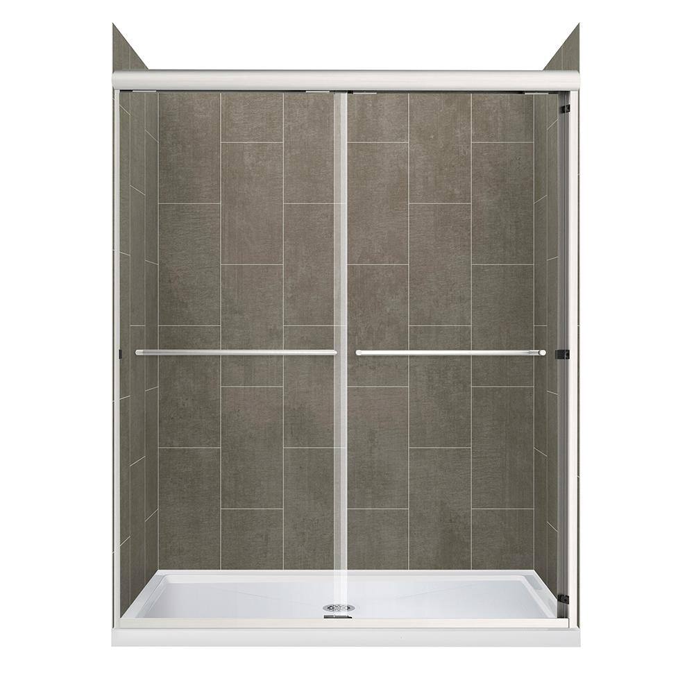 Cove Sliding 48 in. L x 34 in. W x 78 in. H Center Drain Alcove Shower Stall Kit in Quarry and Brushed Nickel Hardware price history on PriceWatchPro