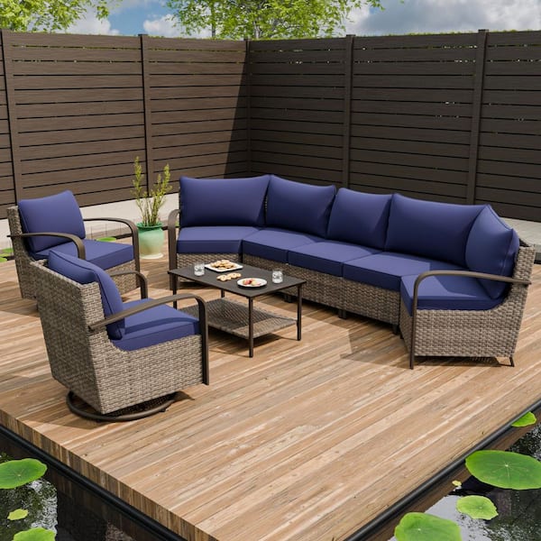 EAGLE PEAK 8-Piece Wicker Patio Conversation Sectional Seating Set with Swivel Rocking Chair, Blue Cushions