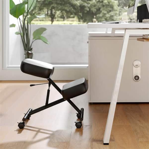 Faux Leather Adjustable Height Upholstered Ergonomic Rolling Kneeling Chair in Black with Angled Seat