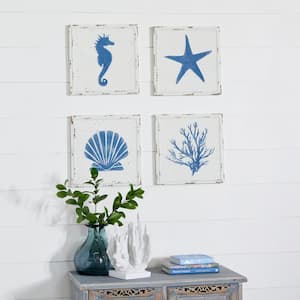 Metal Cream Speckled Sea Horse Wall Decor with Starfish, Shell, and Coral Designs (Set of 4)