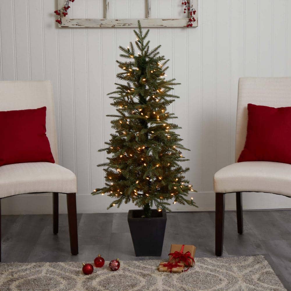 4.5-Foot Green Pine Artificial Christmas Tree with Clear Lights and Decorative Planter