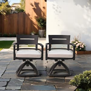 2-Piece Black Aluminum Frame Outdoor Swivel Dining Chair with Light Gray Cushions