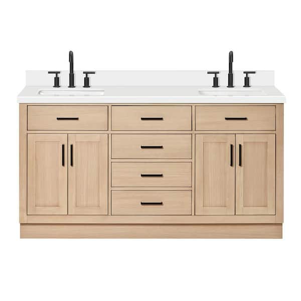 Hepburn 66 in. Double Sink Freestanding Bathroom Vanity in Oak with Pure White Quartz Top