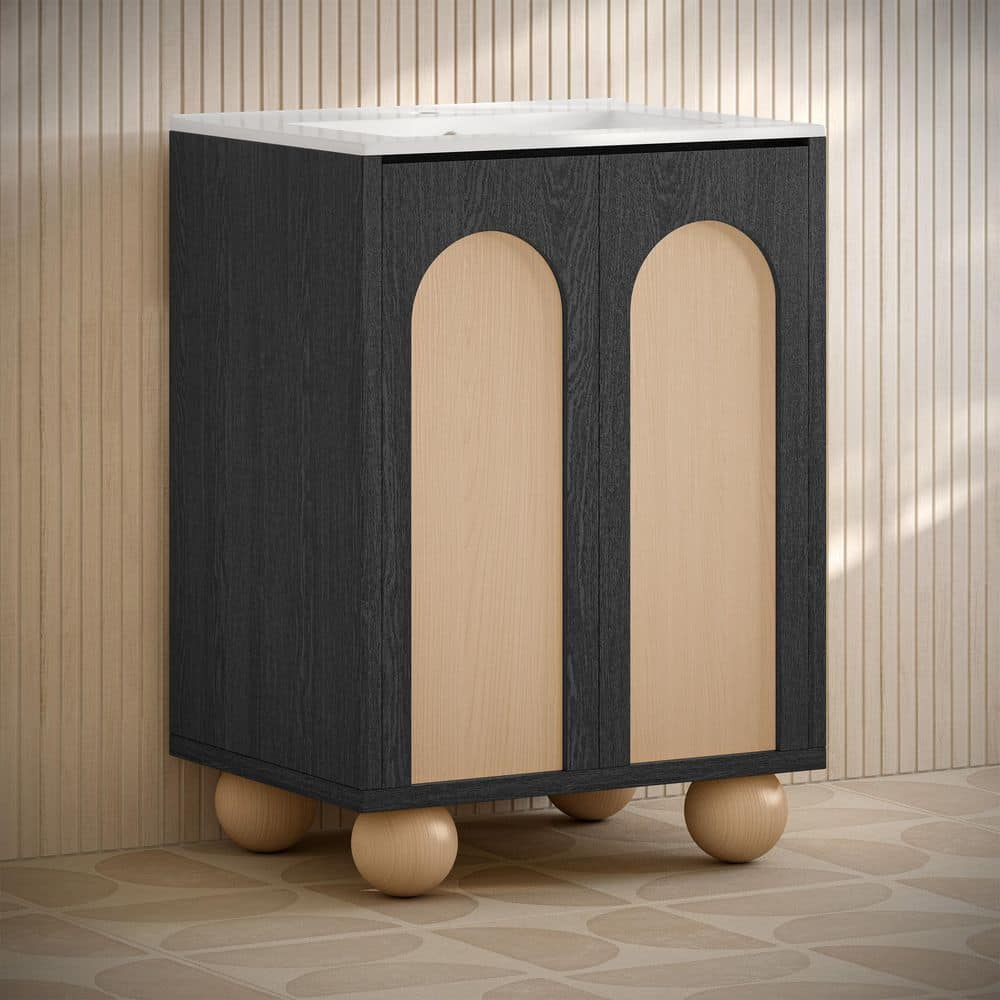 Plaisir II 24" Black Oak and Beige Freestanding Bathroom Vanity with White Ceramic Sink