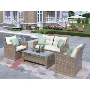 6-Piece Wicker Patio Conversation Set with Beige Cushions and Coffee Table