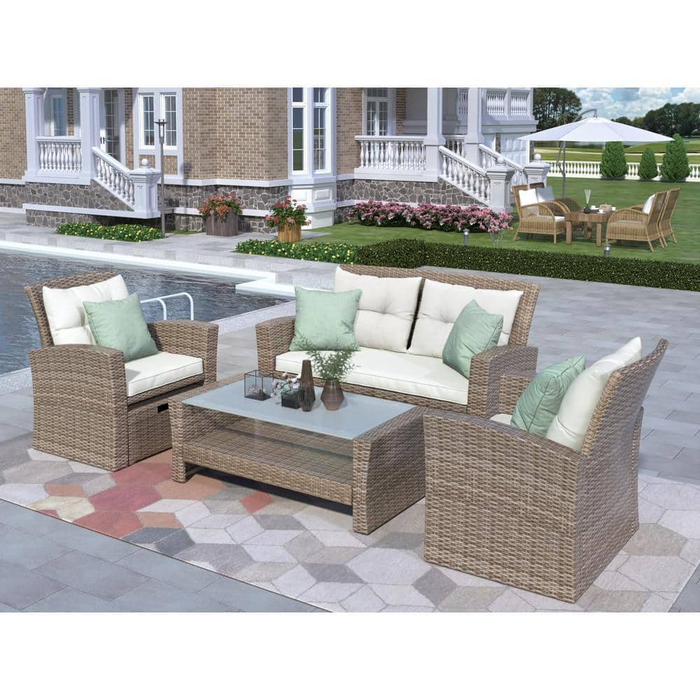 Harper & Bright Designs 6-Piece Wicker Patio Conversation Set with Beige Cushions and Coffee Table Harper & Bright Designs 6-Piece Wicker Patio Conversation Set with Beige Cushions and Coffee Table - 1