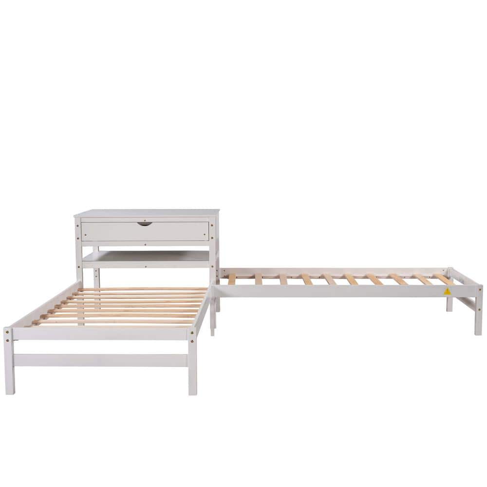 White Twin Size L-Shaped Platform Beds with Drawer Linked with Built Rectan