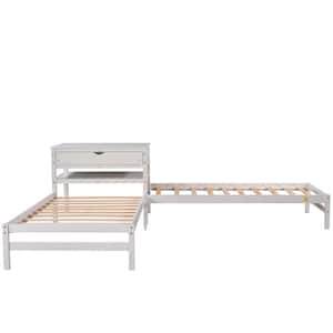 White Twin Size L-Shaped Platform Beds with Drawer Linked with Built Rectangle Table