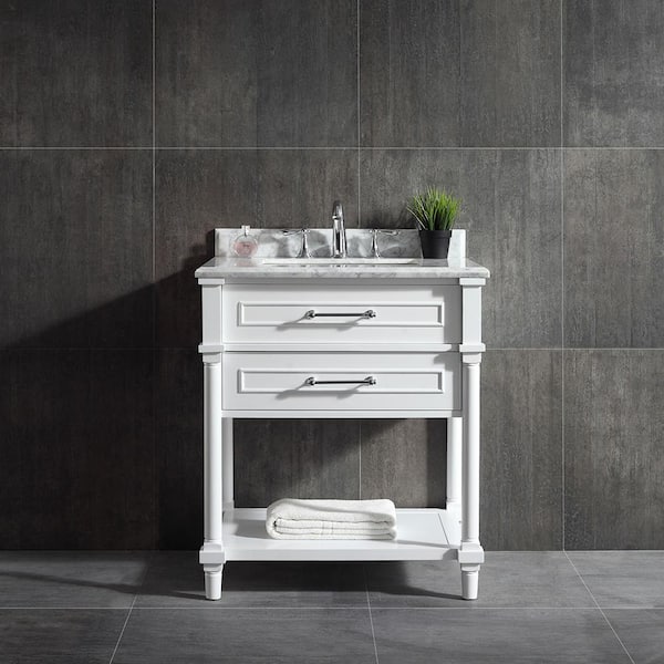 Home Decorators Collection Aberdeen 30 in. W x 22 in. D x 34 in. H Single Sink Bath Vanity in White with Carrara Marble Top and Open Shelf