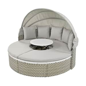Wicker Round Outdoor Sectional Sofa Set Patio Furniture Patio Daybed with Retractable Canopy and Gray Cushion