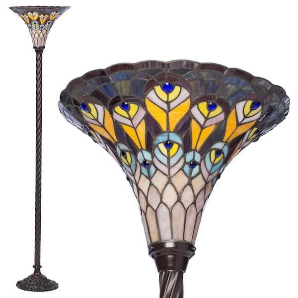Warehouse of Tiffany 72 in. Antique Bronze Peacock Stained Glass Floor Lamp with Foot Switch