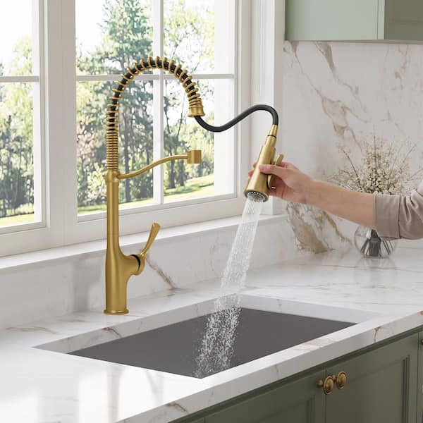 23.8 in. Single Handle Spring 360° Swivel Pull Down Sprayer Kitchen Faucet with Spray Wand in Brushed Gold