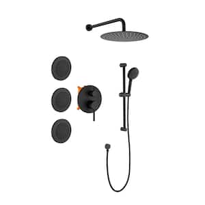 12 in. 3-Jet Mixed Shower System Wall Mount Round Rainfall Shower Head with Slide Bar Hand-Shower in Matte Black