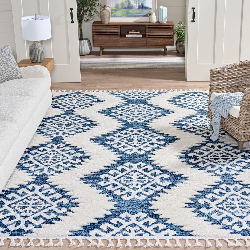 Moroccan Tassel Shag 8 ft. x 10 ft. Blue/Ivory Geometric Zig-Zag High-Low Area Rug price history on PriceWatchPro